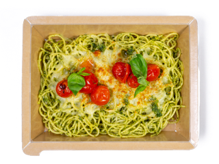 Menüschale Spaghetti mit Basilikumpesto und Käse